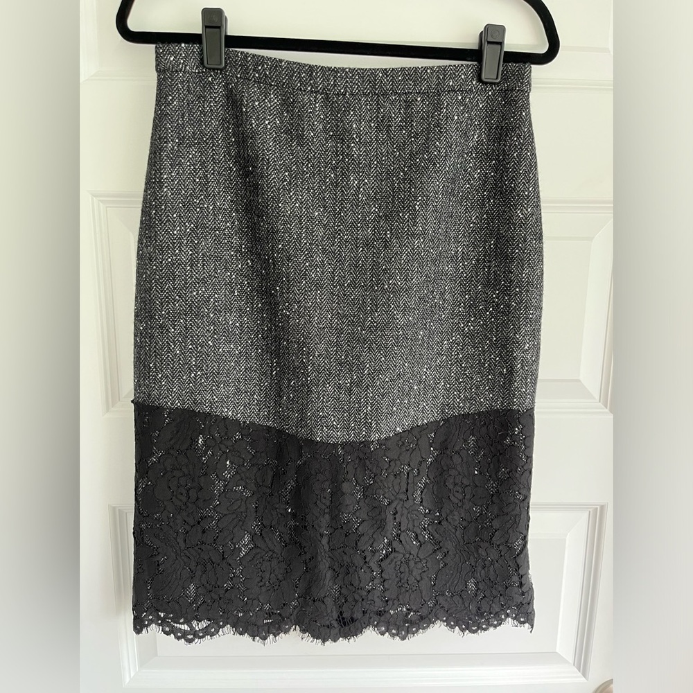 J. Crew Gray Tweed Pencil Skirt with Black Lace Trim